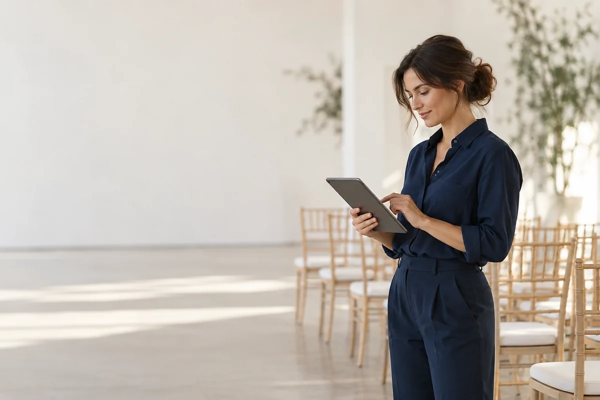 Organizadora de eventos a consultar um tablet num espaço preparado