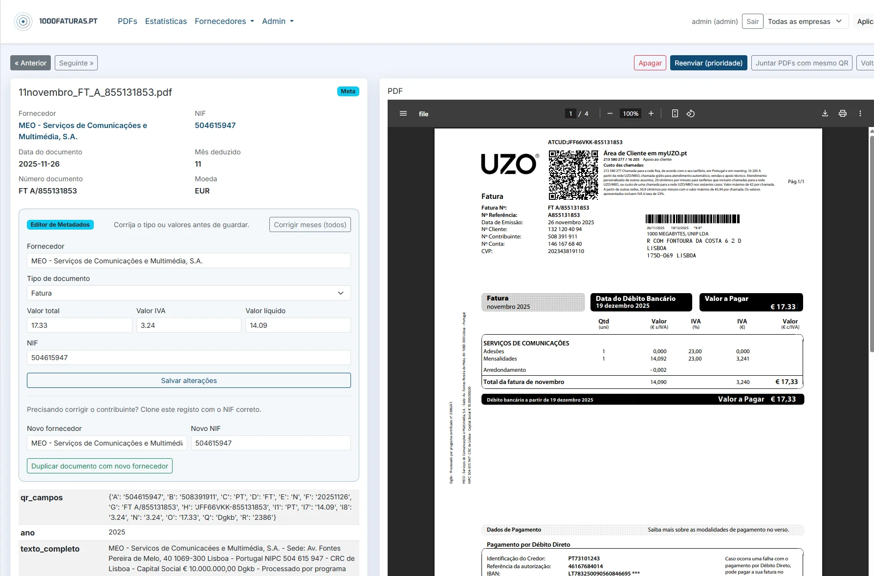 Interface da plataforma 1000faturas