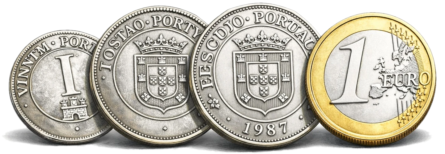 Moedas Vintém, Tostão, Escudo e 1 euro, que dão nome aos planos