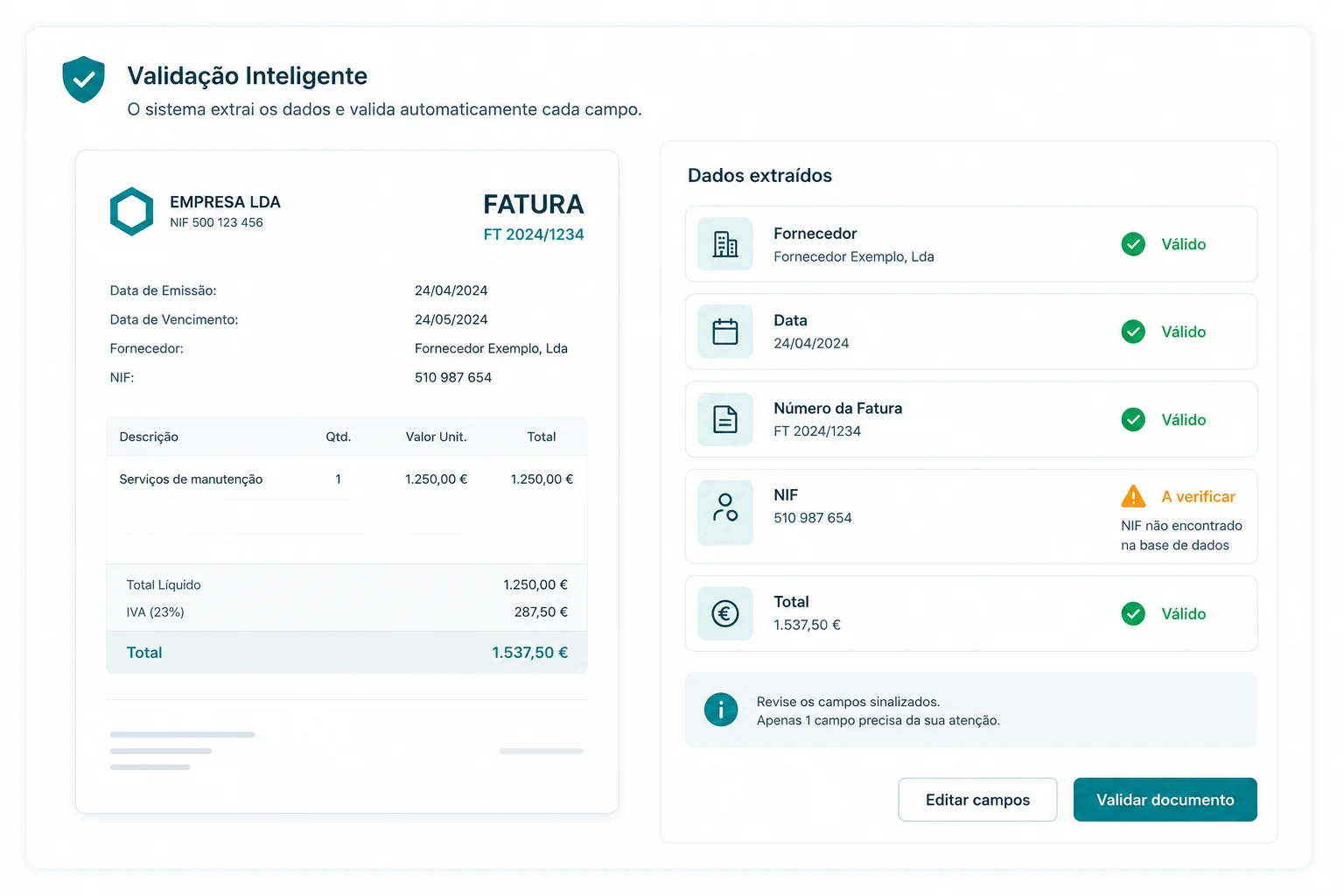 Validação inteligente de dados extraídos — aprovado, verificar, erro